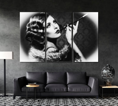 Flapper Girl Vintage Style Black and White Wall Art Print Artesty 3 panels 36" x 24" 