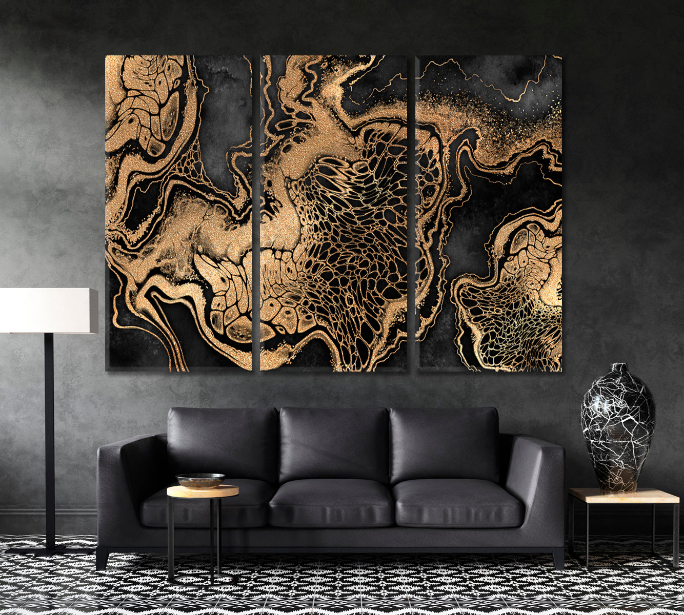 Luxury Black And Gold Abstract Marble With Veins Giclée Print Fluid Art, Oriental Marbling Canvas Print Artesty 3 panels 36" x 24" 