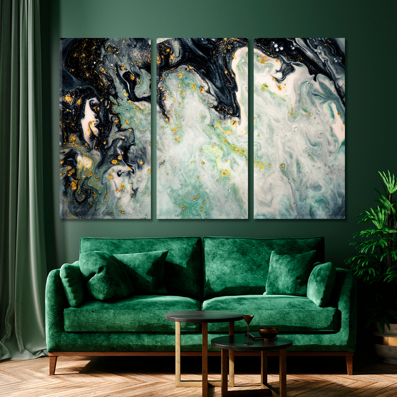 SWIRLS OF MARBLE Agat Ripples Grey Green Acrylic Mix Abstract Fluid Fluid Art, Oriental Marbling Canvas Print Artesty 3 panels 36" x 24" 