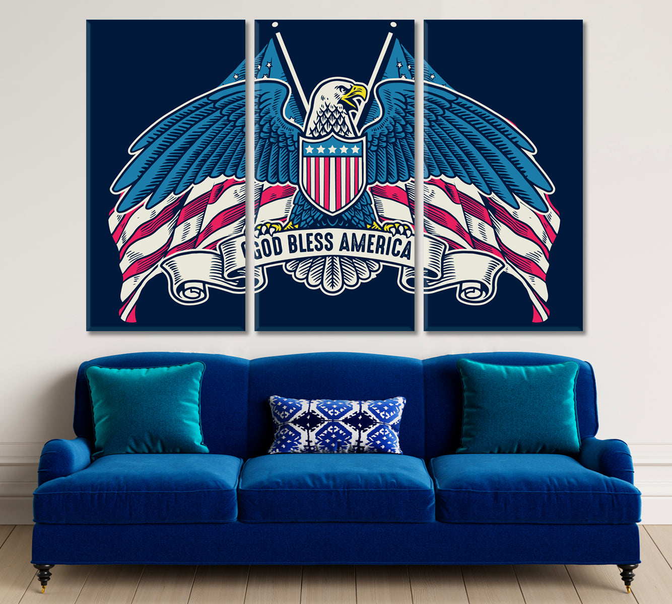 GOD BLESS AMERICA Eagle Wings American Flag Vintage Style Poster Posters, Flags Giclee Print Artesty 3 panels 36" x 24" 