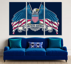 GOD BLESS AMERICA Eagle Wings American Flag Vintage Style Poster Posters, Flags Giclee Print Artesty 3 panels 36" x 24" 