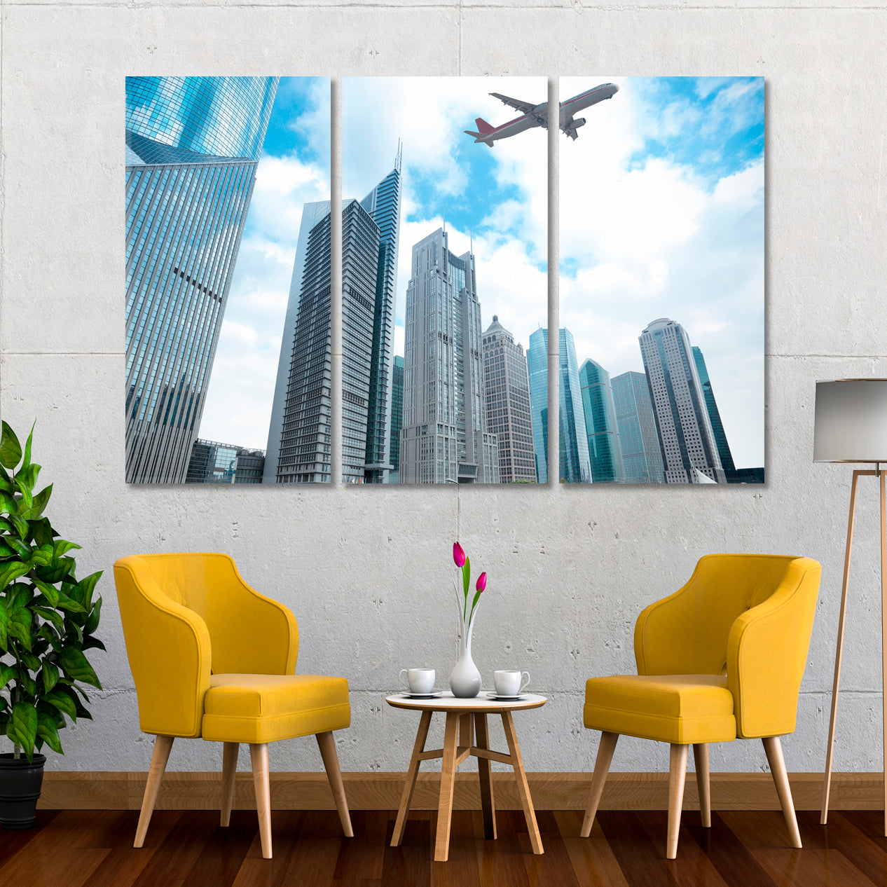 SHANGHAI Airplane Over Skyline Modern Buildings Cities Wall Art Artesty 3 panels 36" x 24" 