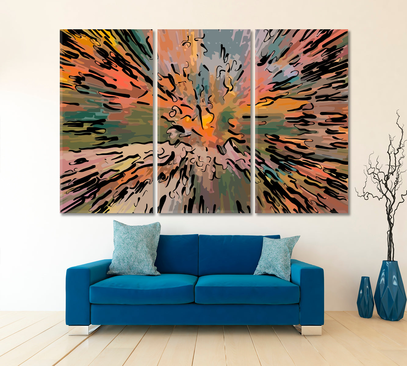 MODERN ART Orange Pale Green Abstract Chaotic Blurred Strokes Abstract Art Print Artesty 3 panels 36" x 24" 