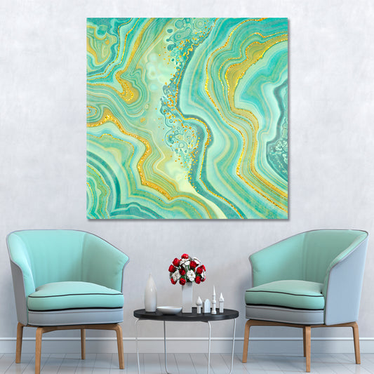 MINT GREEN ONYX Jade Agate Marble Slab Gold Glitter Veins Wavy Lines Fluid Art, Oriental Marbling Canvas Print Artesty   