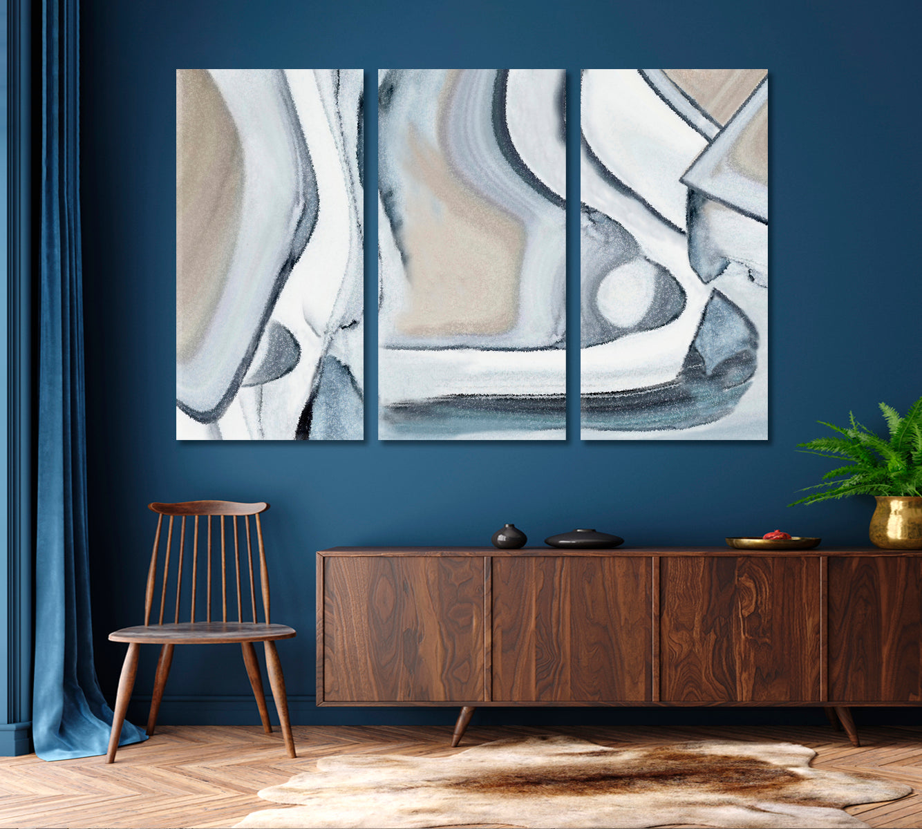 Beige White Blue Soft Tones Figurative Geometric Modern Abstract Art Contemporary Art Artesty 3 panels 36" x 24" 