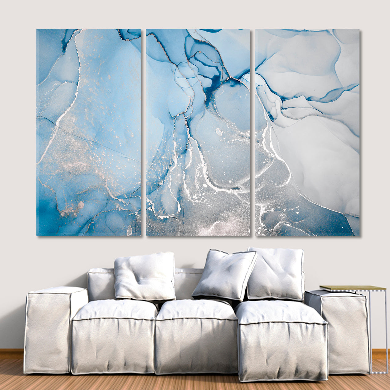 CLOUDS SILK Soft Blue Swirls Ink Colors Marble Veins Fluid Art, Oriental Marbling Canvas Print Artesty   