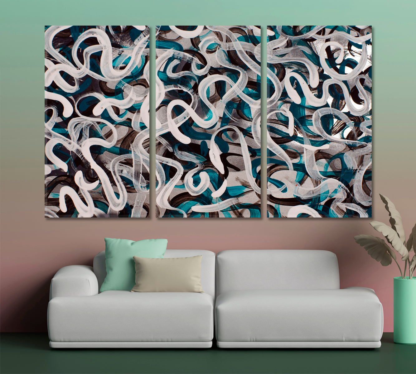 Pollock Style Vibe Cold Colors Etude Modern Abstract Expressionism Wavy Lines Abstract Art Print Artesty 3 panels 36" x 24" 