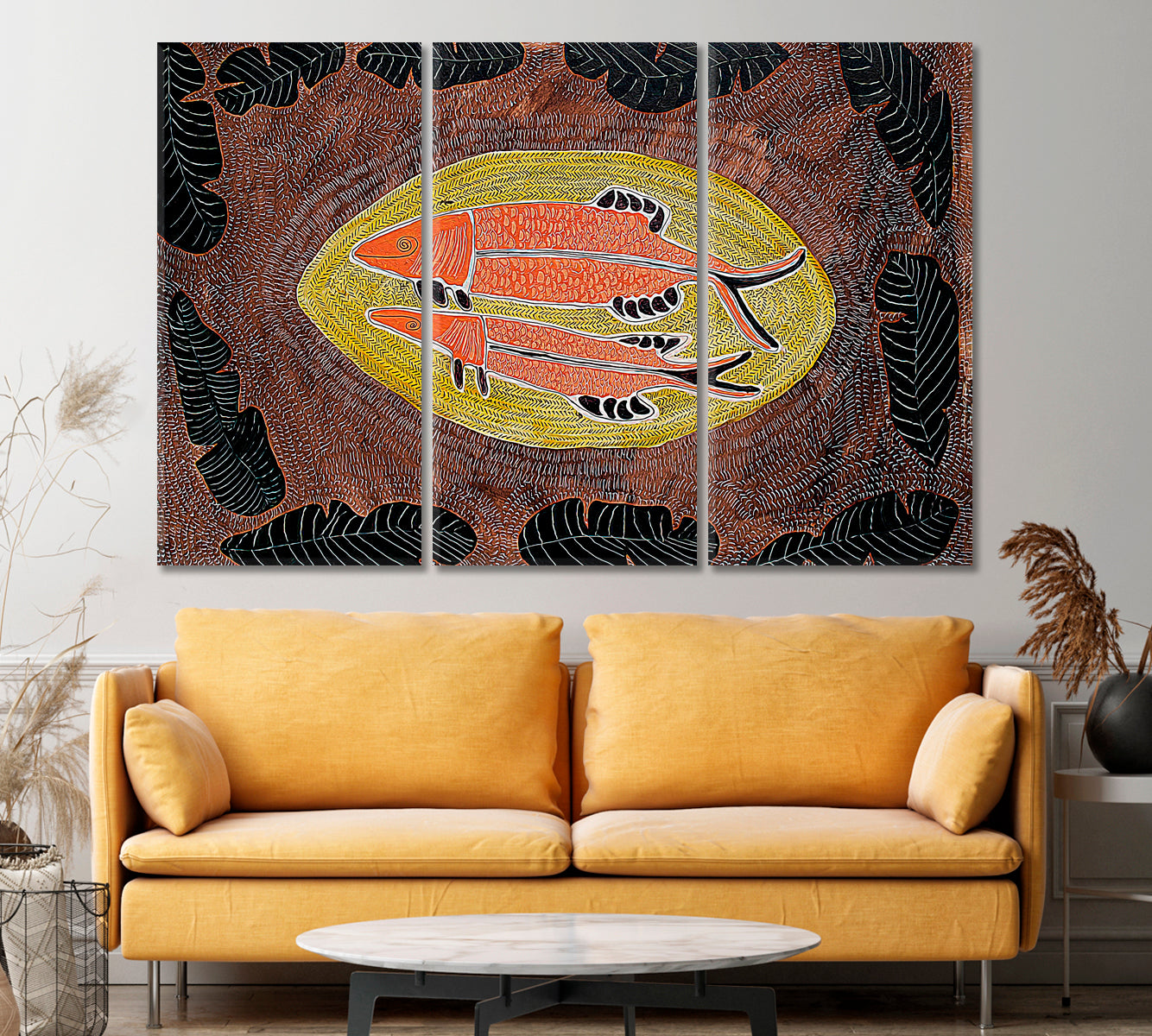 ARTIST'S MASTERPIECE Fish Abstract Modern Boho African Motifs Pattern Contemporary Art Artesty 3 panels 36" x 24" 