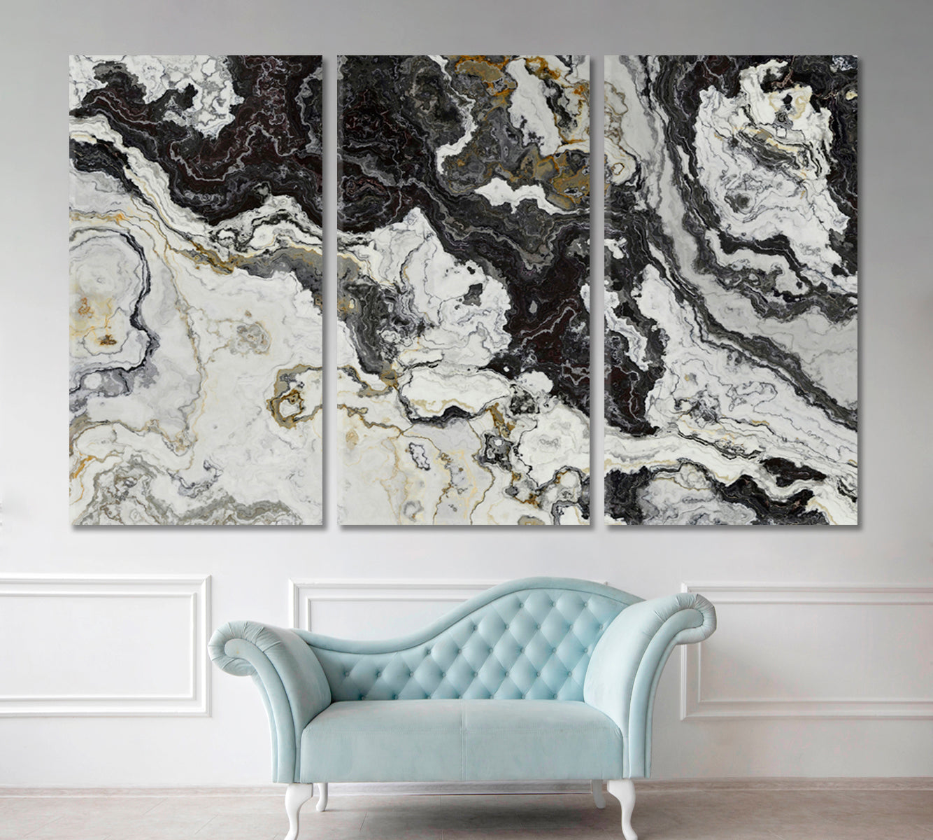 Black White Marble Pattern Curly Grey Veins Abstract Marble Oriental Art Print Canvas Artesty 3 panels 36" x 24" 