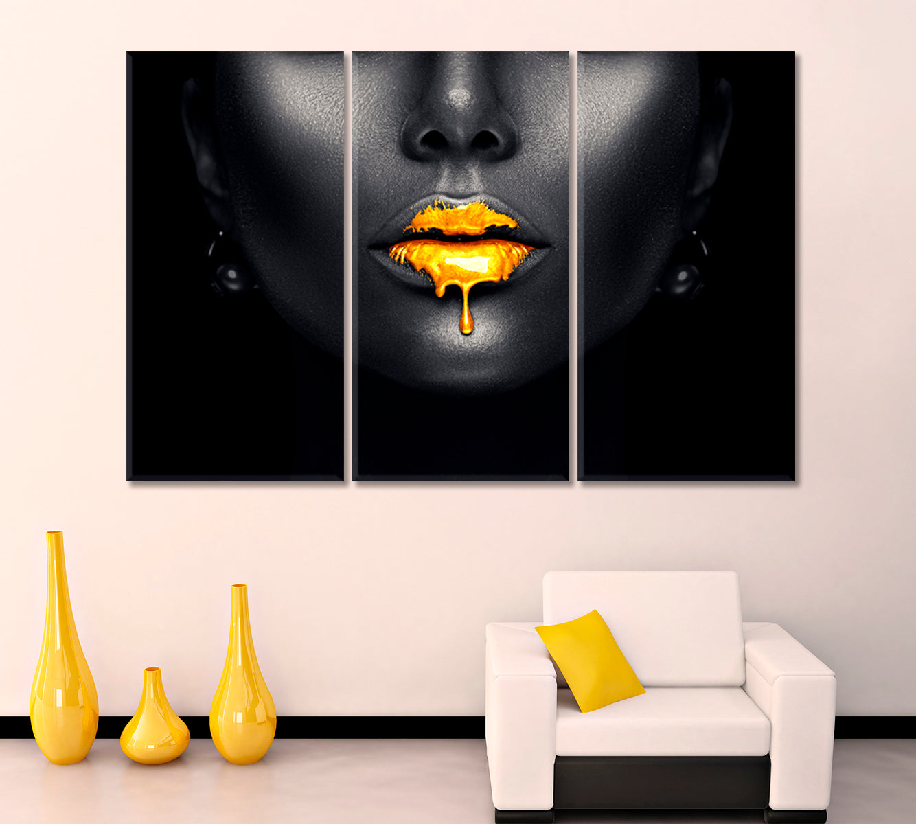 Golden Lips On Black Skin Make-up Beautiful Model Lip Gloss Dripping Beauty Salon Artwork Prints Artesty 3 panels 36" x 24" 