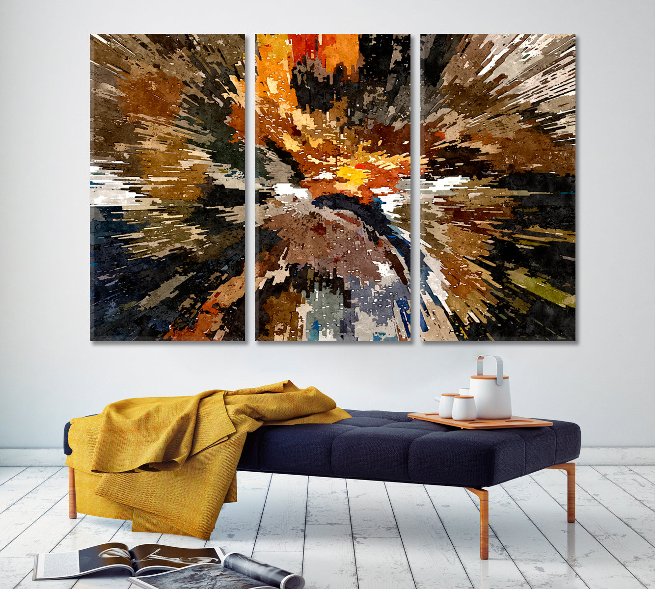 MODERN ART Abstract Splash Black Bron Yellow Tones Abstract Art Print Artesty 3 panels 36" x 24" 