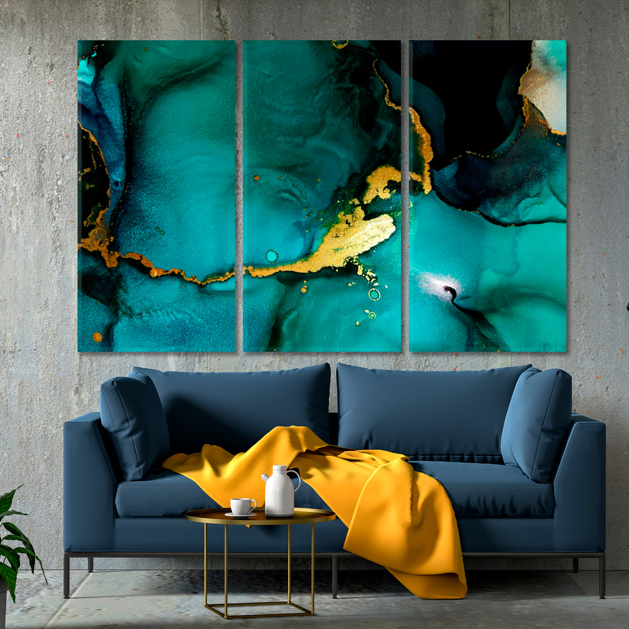 TEAL GREEN Tidewater Gold Effect Luxury Abstract Fluid Art Ink Splash Fluid Art, Oriental Marbling Canvas Print Artesty   