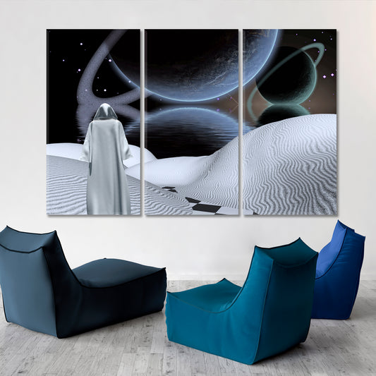 SAND OF HEAVEN Monk And Planets Modern Spiritual Fantasy Art Surreal Fantasy Large Art Print Décor Artesty 3 panels 36" x 24" 