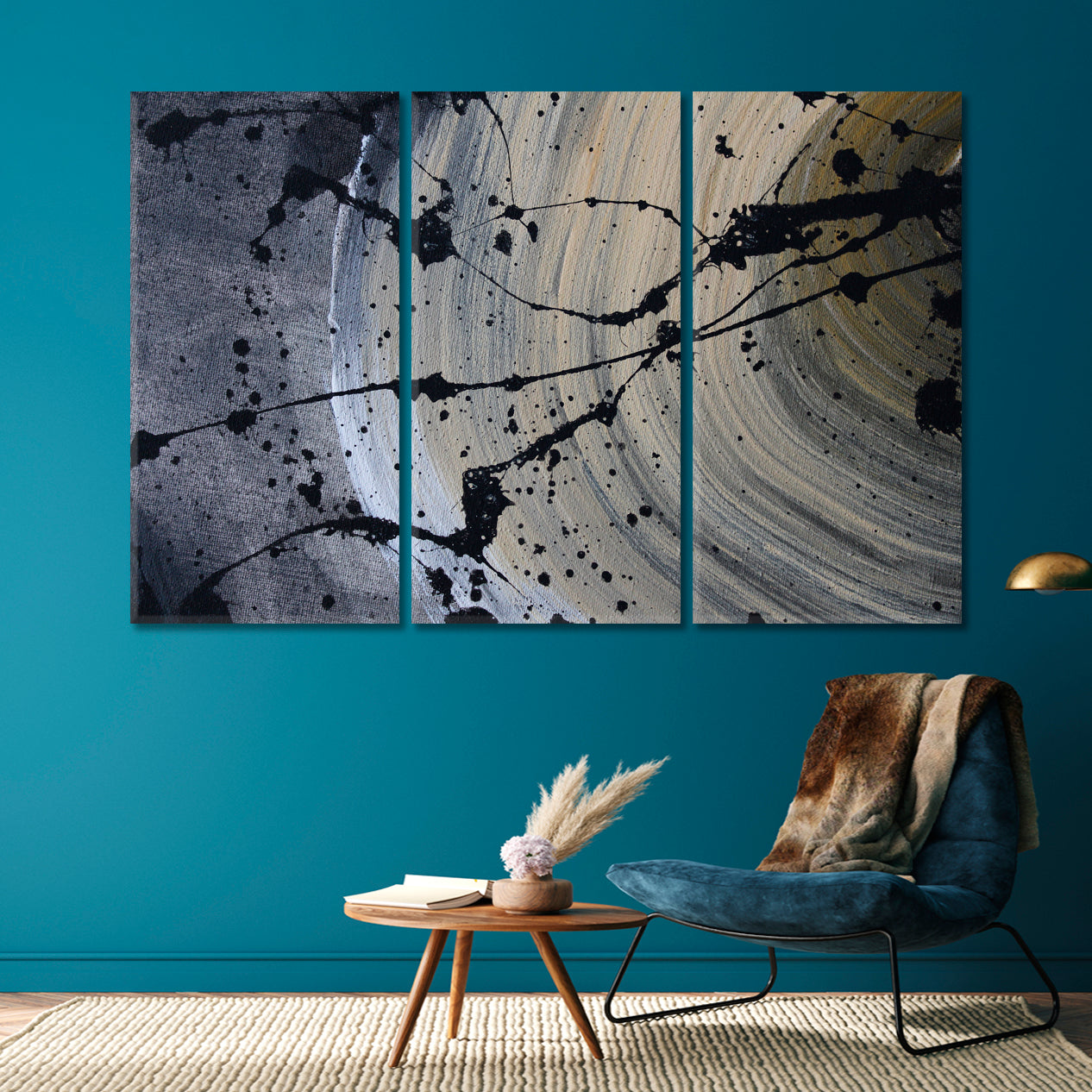Black Splashes Wide Lines Gray Rough Tough Abstract Modern Art Abstract Art Print Artesty 3 panels 36" x 24" 