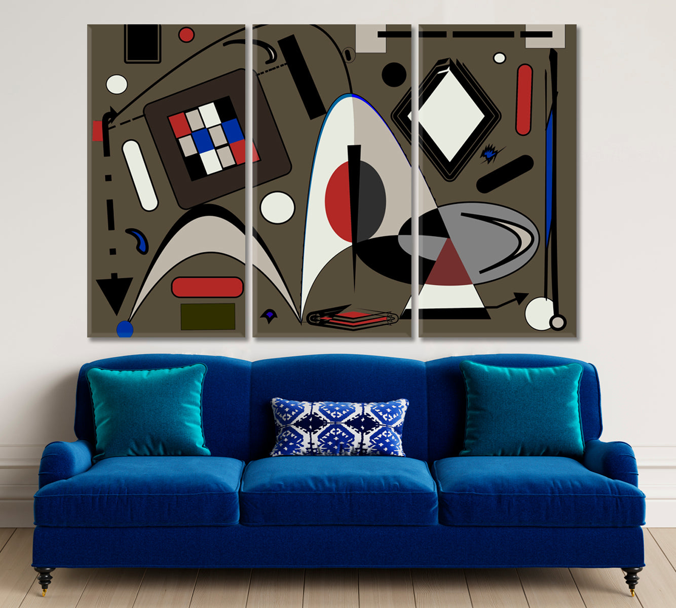 KANDINSKY WORLD Fancy Curved Geometric Shapes Red Brown Tones Abstract Art Print Artesty 3 panels 36" x 24" 