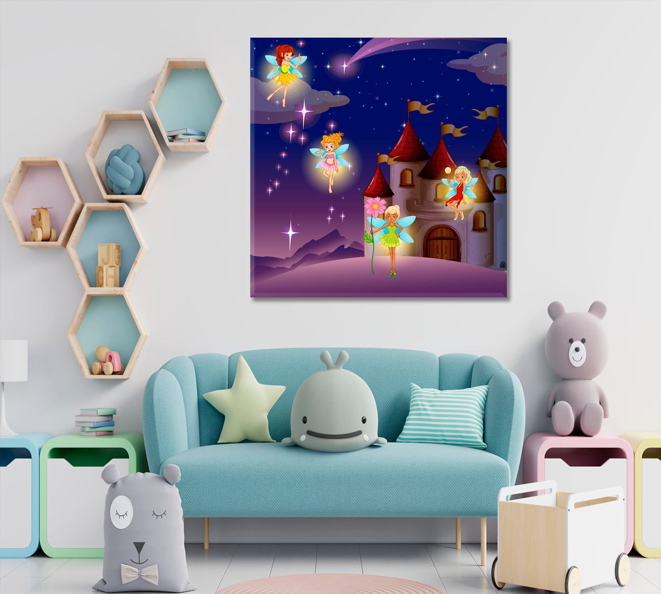 Castle Fairies Flying Sweet Kids Baby Nursery Wall Art Canvas Print | Square Panel Kids Room Canvas Art Print Artesty   