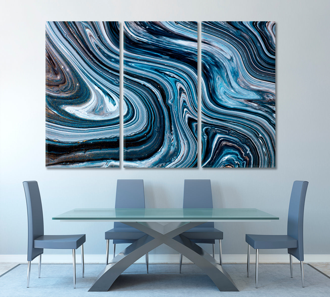 Black Blue White Overflow Liquid Acrylic Abstract Iridescent Marble Effect Fluid Art, Oriental Marbling Canvas Print Artesty 3 panels 36" x 24" 