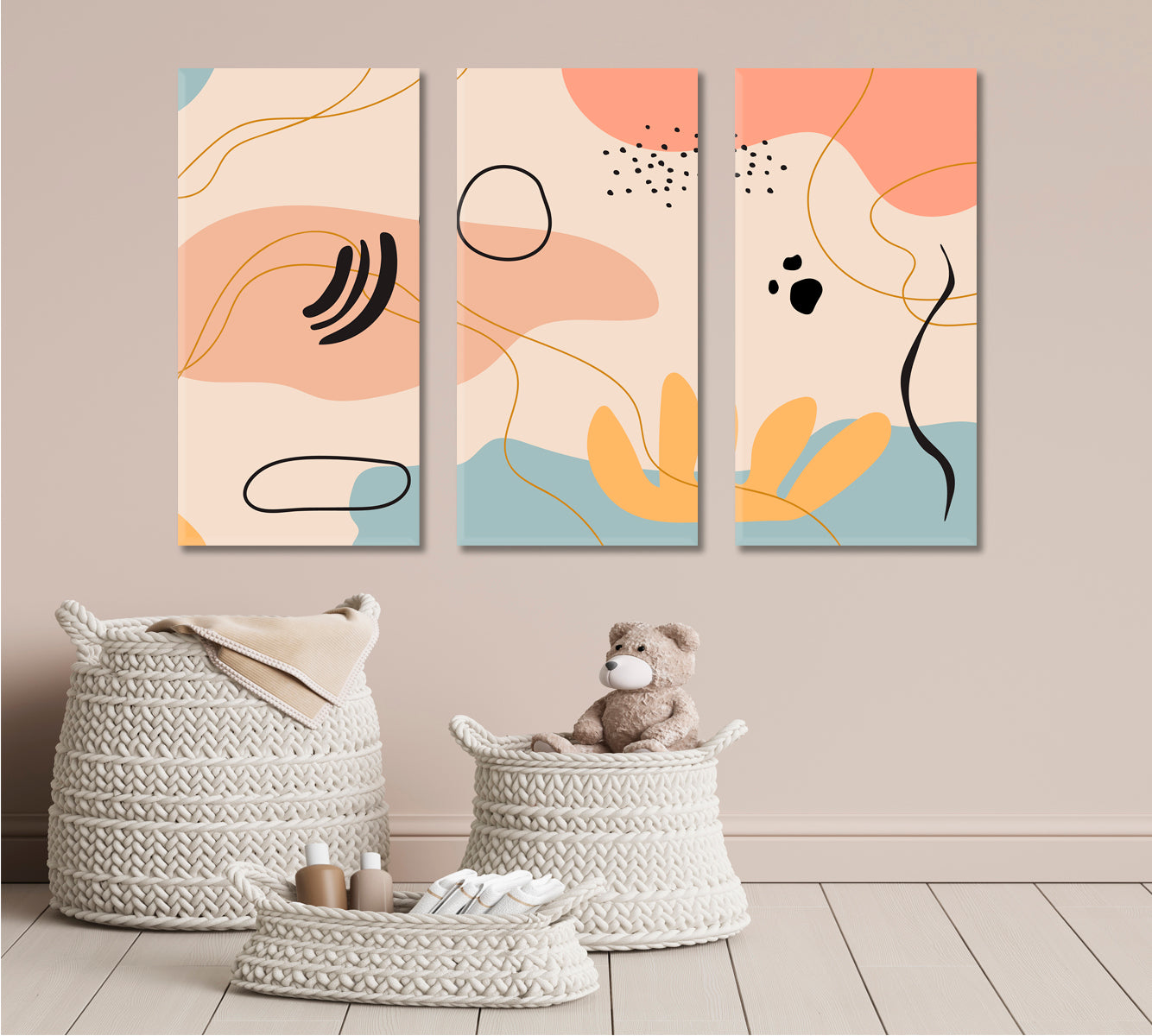 BOHO Abstract Minimal Lines Pastel Terracotta Earth Tones Aesthetic Style Abstract Art Print Artesty 3 panels 36" x 24" 