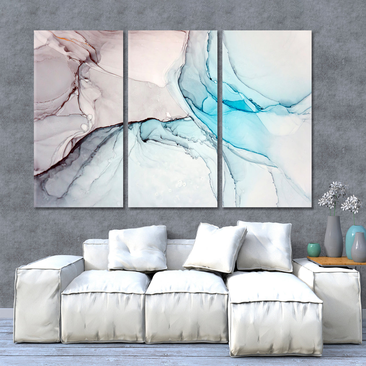 Turquoise Gray Marble Oriental Alcohol Ink Painting Fluid Art, Oriental Marbling Canvas Print Artesty   