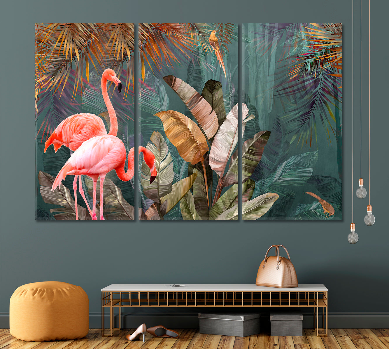 Flamingo And Tropical Jungle Rainforest Pattern Poster Tropical, Exotic Art Print Artesty 3 panels 36" x 24" 