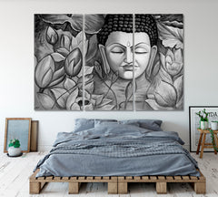 Lord Buddha Spiritual Poster Black & White Religious Modern Art Artesty 3 panels 36" x 24" 