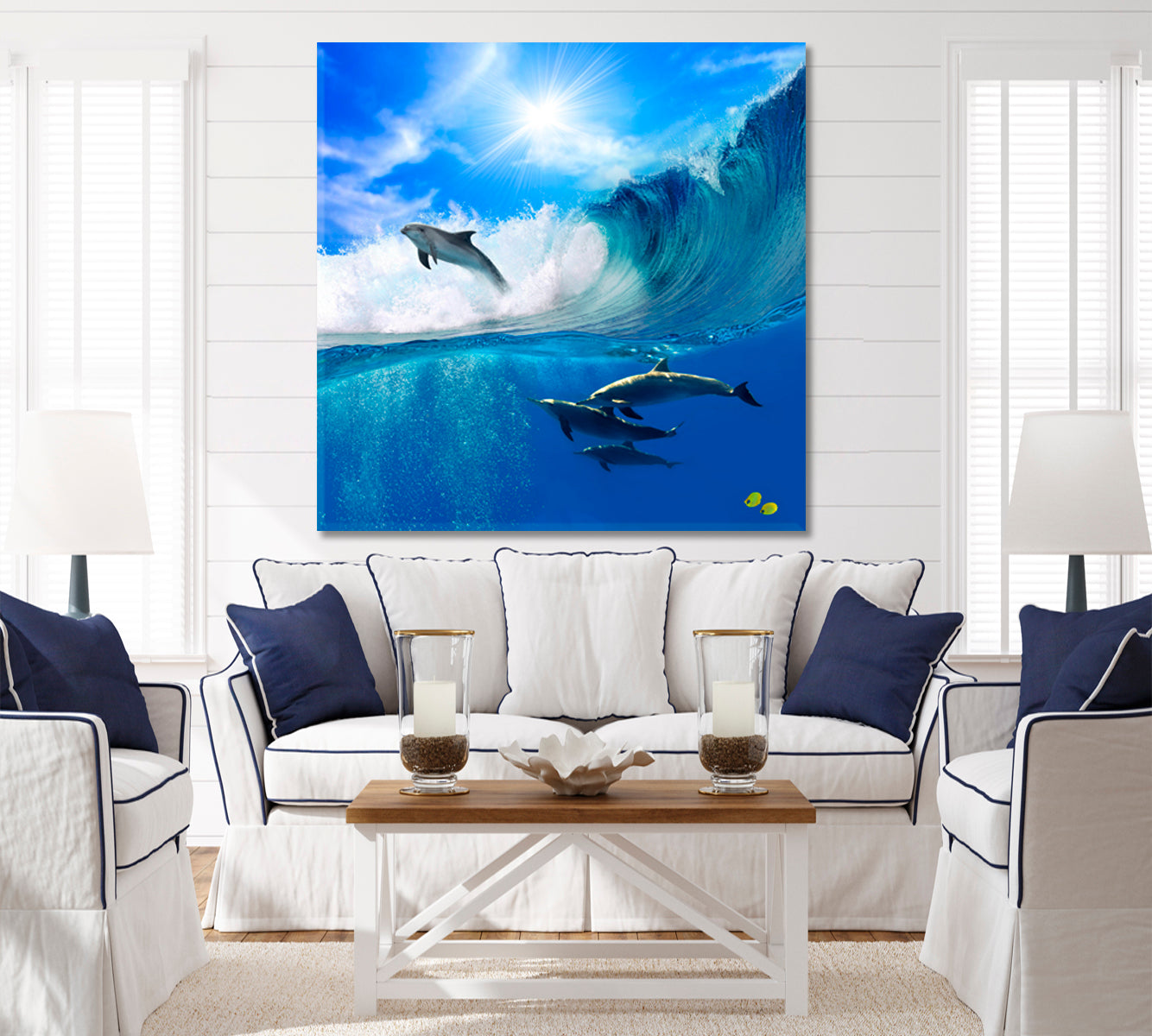 Oceanview | Flock of Playful Dolphins Canvas Print Giclée - Square Panel Nautical, Sea Life Pattern Art Artesty   