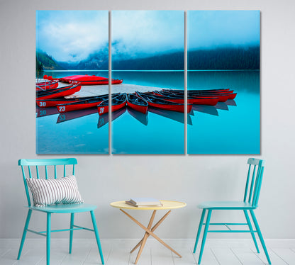 Red Canoes Turquoise Crystal Water Alberta Canada Foggy Lake Louise Scenery Landscape Fine Art Print Artesty 3 panels 36" x 24" 