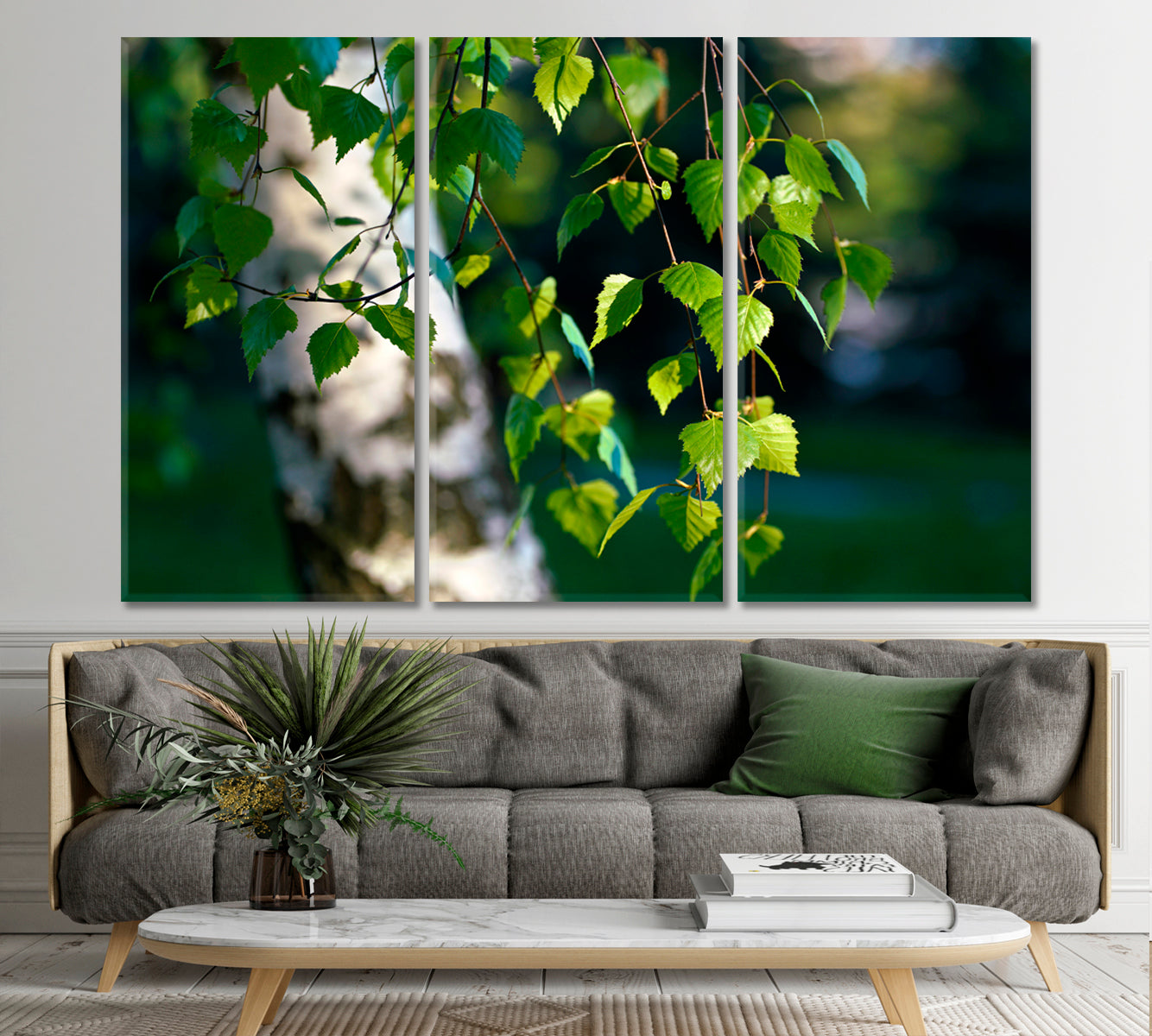 Spring Awakening White Birch Trees Green Leaves Branches Nature Wall Canvas Print Artesty 3 panels 36" x 24" 