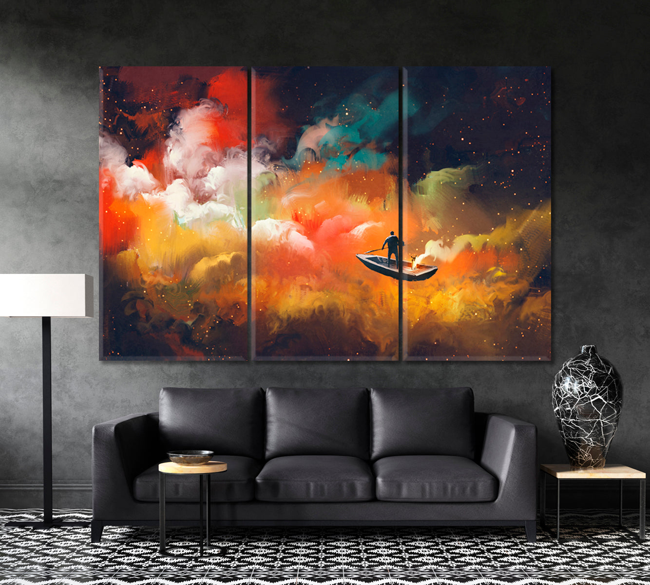 Surreal Dreamlike Man on Boat Outer Space Colorful Clouds Surreal Fantasy Large Art Print Décor Artesty 3 panels 36" x 24" 