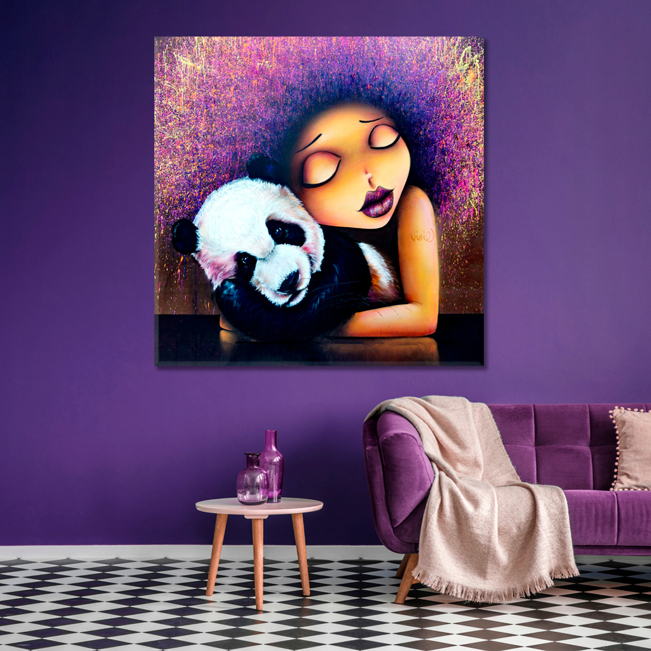 Girl & Panda Vinie and Doudou Graffiti Viniegraffiti Canvas Print | Square Panel Street Art Canvas Print Artesty   