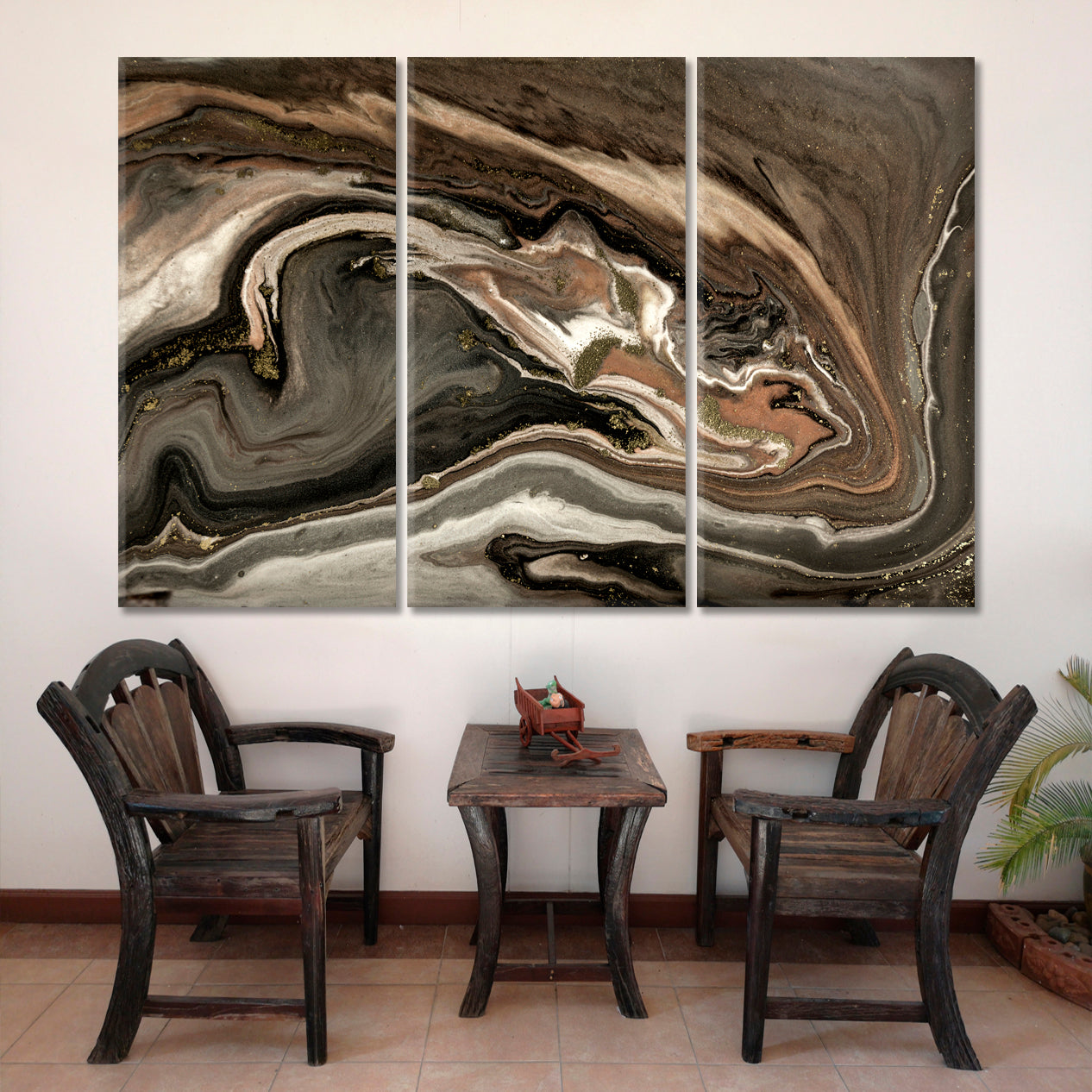 GOLD AGATE RIPPLE Marble Abstract Acrylic Swirls Fluid Art, Oriental Marbling Canvas Print Artesty 3 panels 36" x 24" 