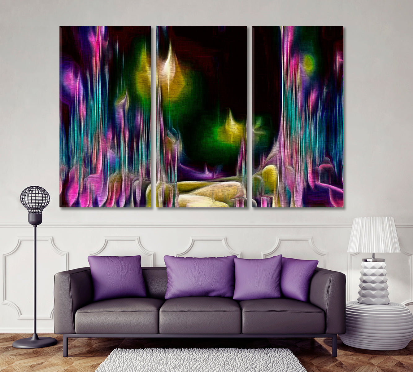 Abstract Fractal Psychedelic Shape Purple On Black Modern Art Contemporary Art Artesty 3 panels 36" x 24" 
