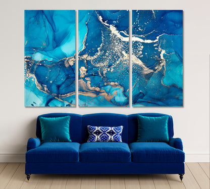 Modern Fluid Art Marble Alcohol Ink Sky Blue Art Design Fluid Art, Oriental Marbling Canvas Print Artesty   