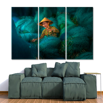 ASIA Fishing Net Repairing Workshop Asian Style Canvas Print Wall Art Artesty 3 panels 36" x 24" 