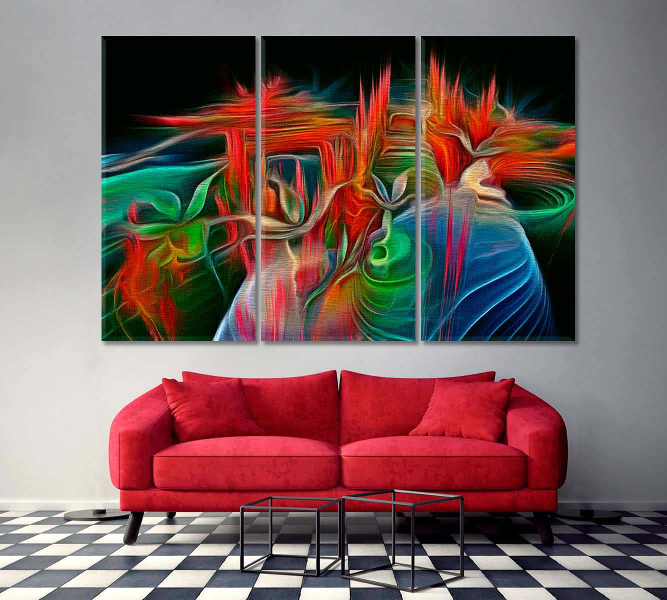 Abstract Fractal Psychedelic Shape Red Blue Green Modern Art Abstract Art Print Artesty 3 panels 36" x 24" 