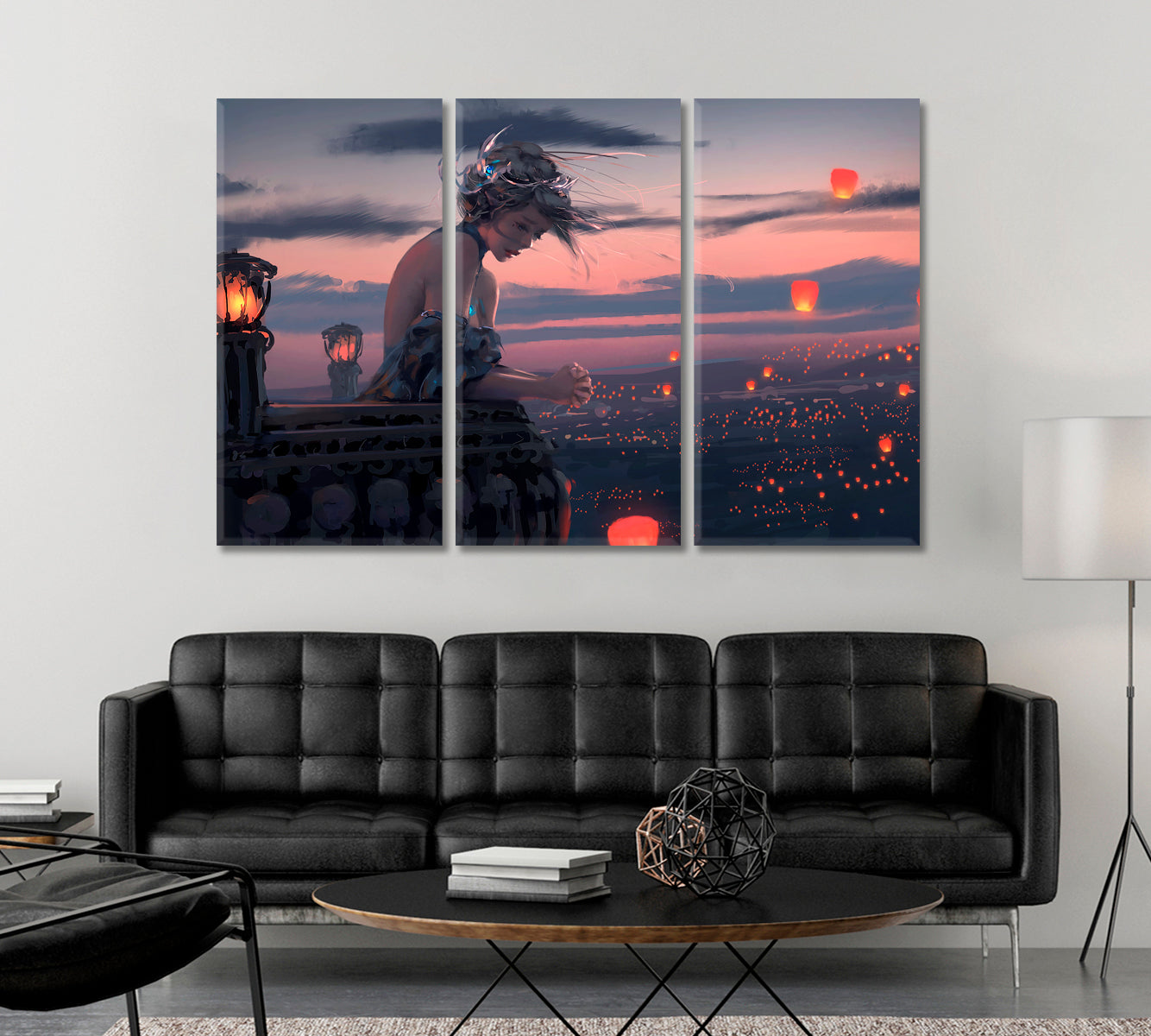 Anime Girl On Balcony Sky Lanterns Romantic Artwork TV, Cartoons Wall Art Canvas Artesty 3 panels 36" x 24" 