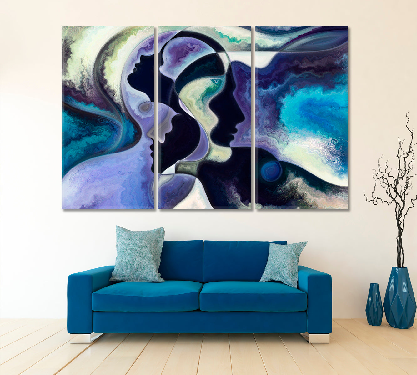 FACES Modern Abstract Expressionism Blue Purple Flowing Curves Abstract Art Print Artesty 3 panels 36" x 24" 