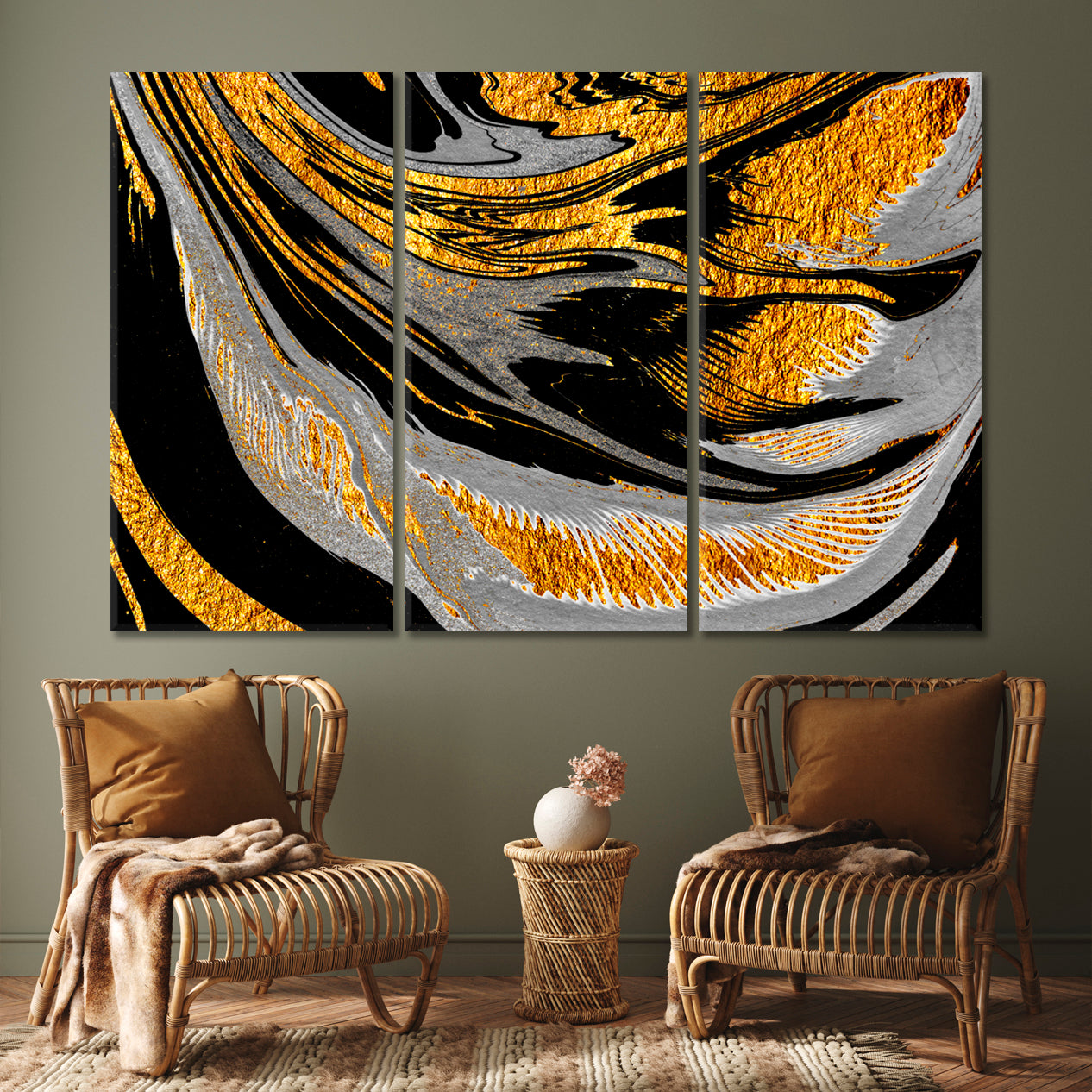 Bright Black Grey Gold Swirls Oriental Suminagashi Japanese Marble Fluid Art, Oriental Marbling Canvas Print Artesty   
