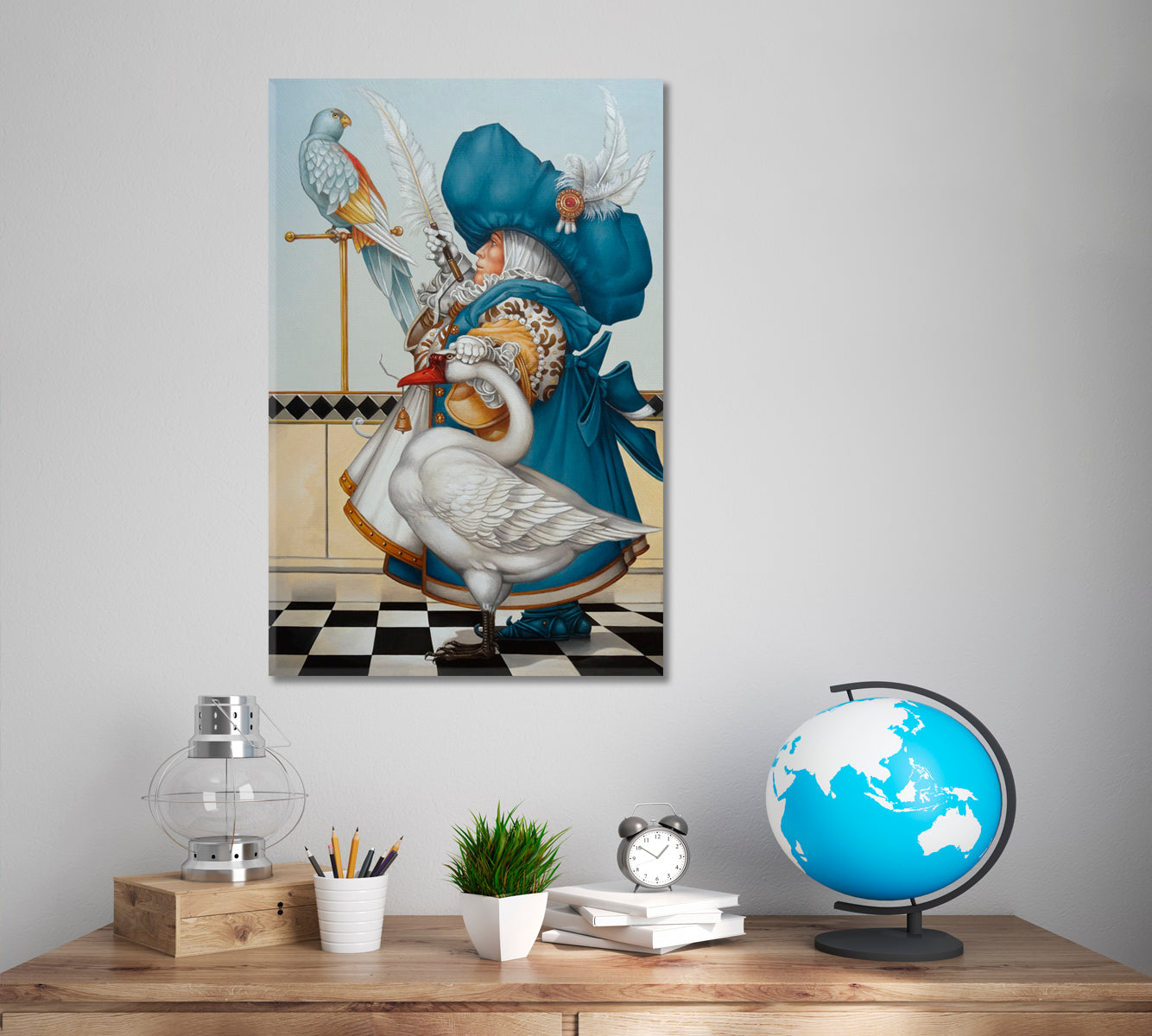 Gnome with Goose Surrealism Painting on Canvas Giclée Print | Vertical Surreal Fantasy Large Art Print Décor Artesty 1 Panel 16"x24" 