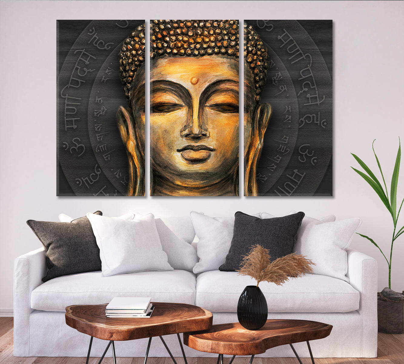 Gautama Buddha Mantra Om mani Padme Hum Sanskrit Tibetan Religious Modern Art Artesty 3 panels 36" x 24" 