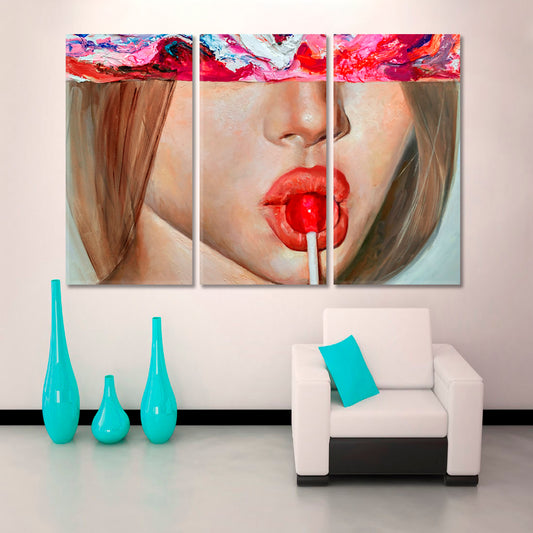 LOLLIPOP | Lollypop Candy-Coated Sweet Candy Red Lips Art Fantasy Woman Modern Fashion Canvas Print Fine Art Artesty 3 panels 36" x 24"