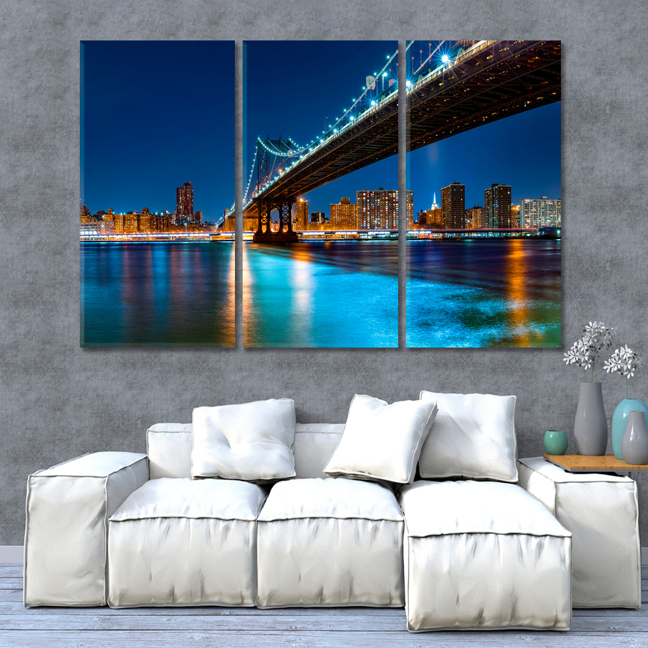 New York City Skyline Manhattan Bridge Night Panorama Cities Wall Art Artesty 3 panels 36" x 24" 