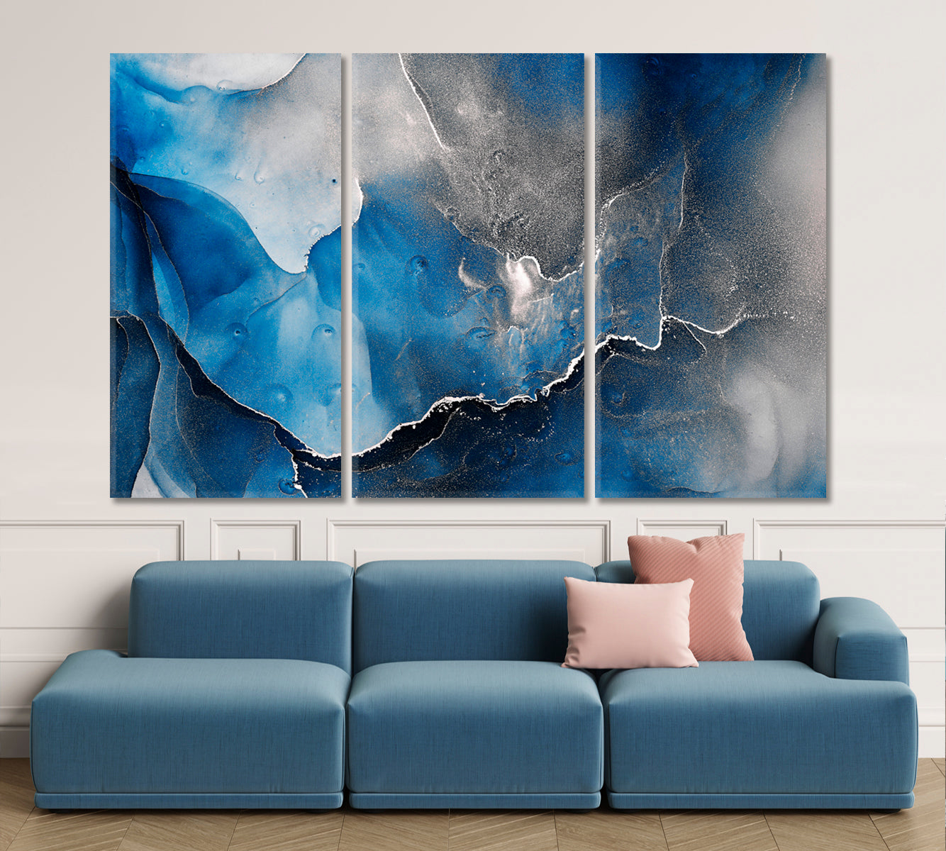 ABSTRACT SKY Translucent Dark Blue Ink Flow Black Gray Marble Veins Fluid Art, Oriental Marbling Canvas Print Artesty 3 panels 36" x 24" 