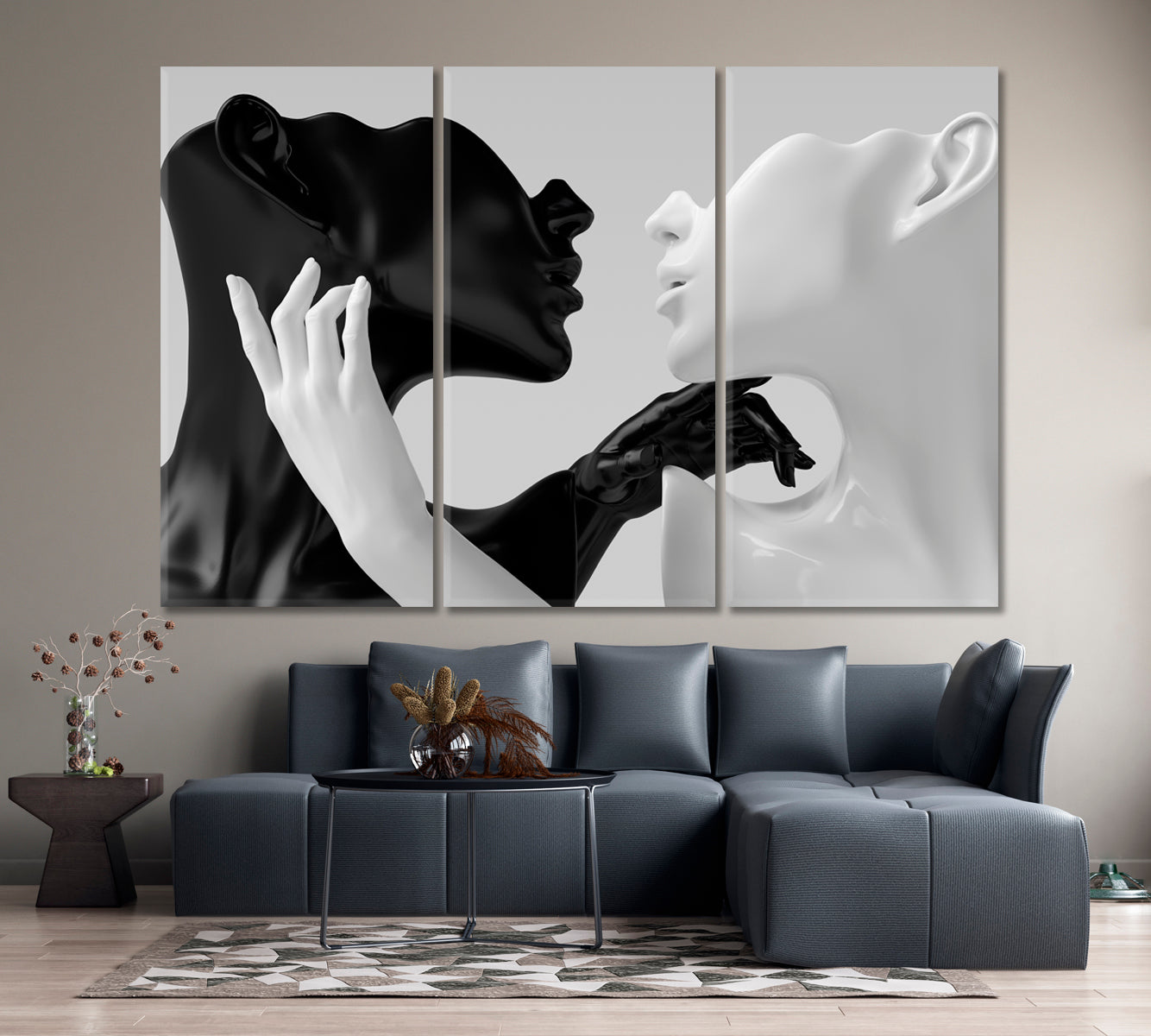 ABSTRACT ELEGANT Black and White Yin and Yang On Grey Black and White Wall Art Print Artesty 3 panels 36" x 24" 