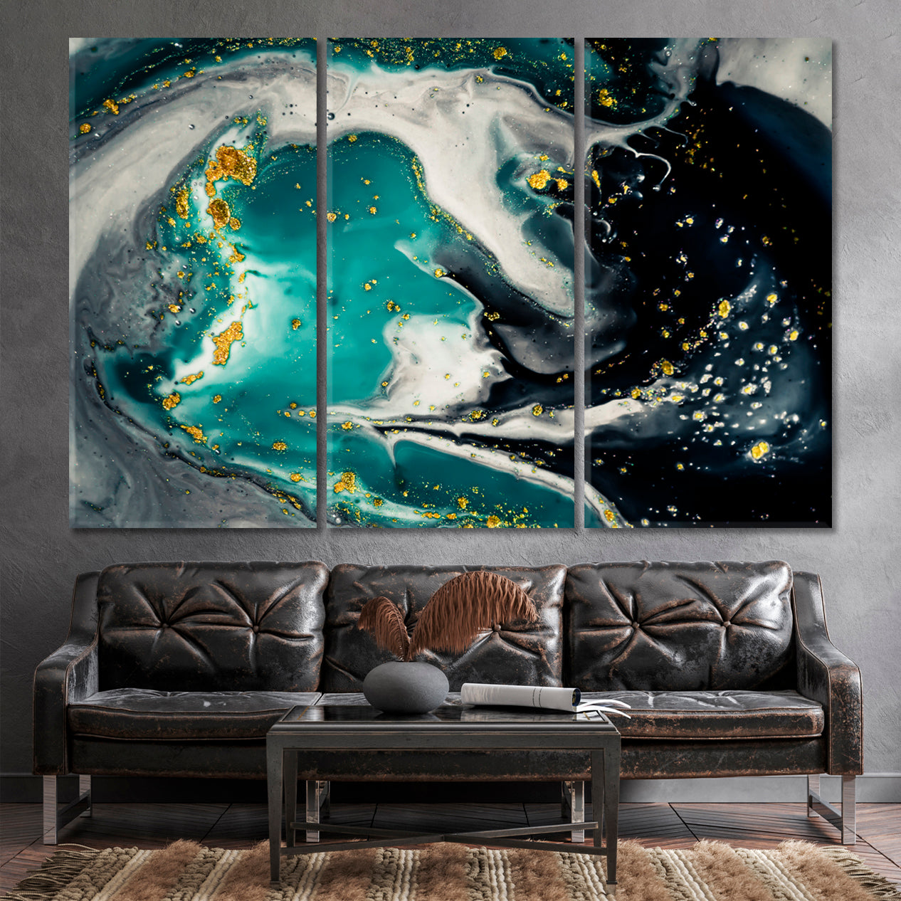 TURQUOISE DARK GRAY Metallic Steel Effect Abstract Pour Marble Liquid Fluid Art, Oriental Marbling Canvas Print Artesty 3 panels 36" x 24" 