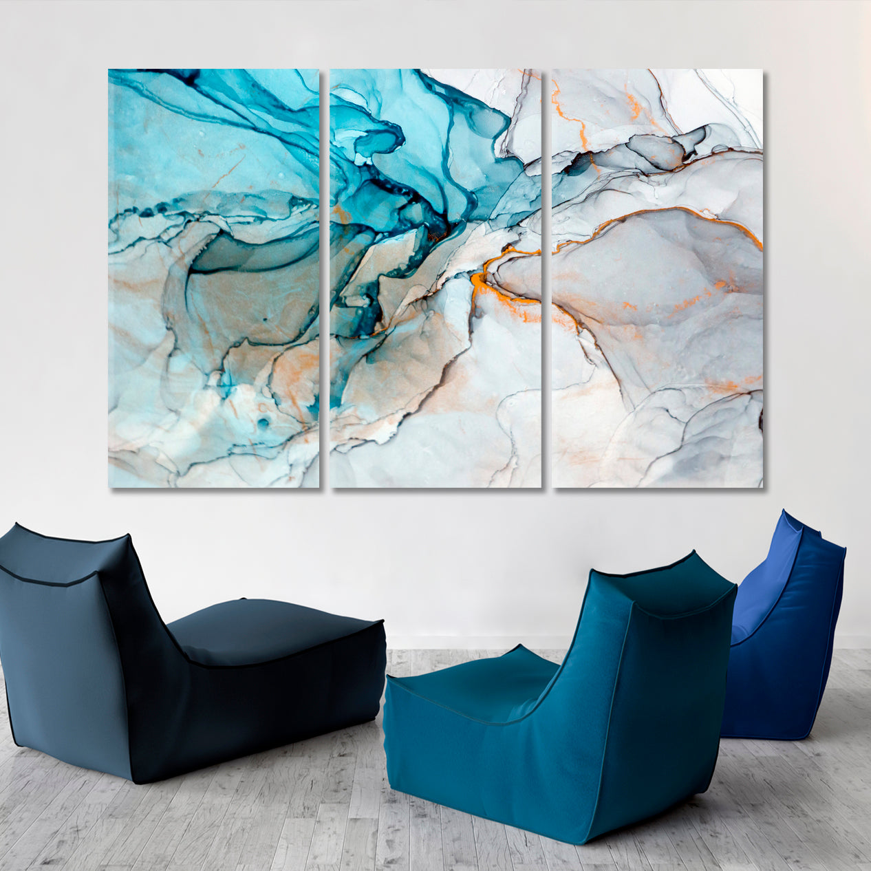 Translucent Marble Blue Gray Oriental Ink Painting Fluid Art, Oriental Marbling Canvas Print Artesty 3 panels 36" x 24" 