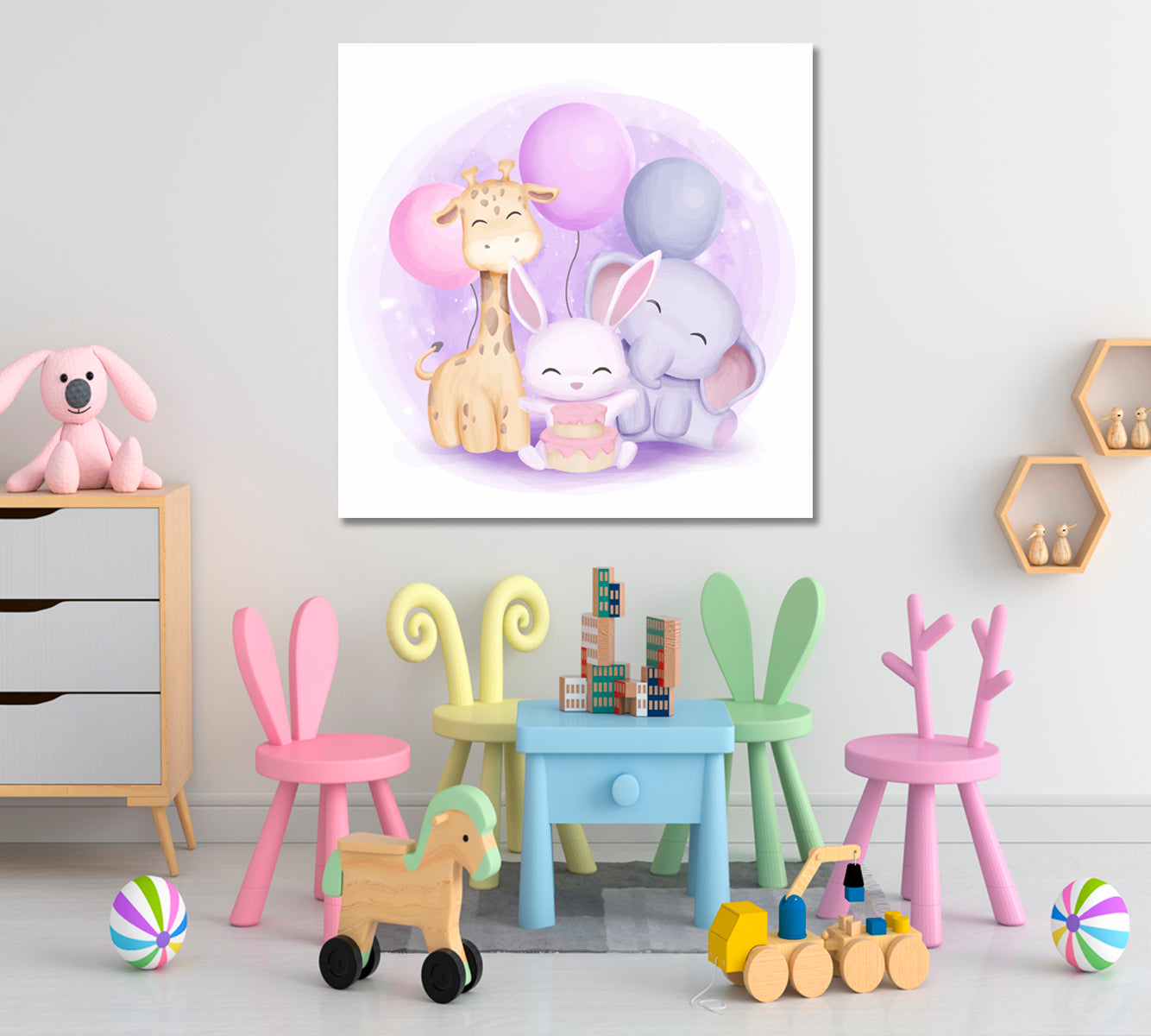 Cute Little Giraffe Rabbit and Elephant Sweet Kids Baby Nursery Art Print | Square Panel Kids Room Canvas Art Print Artesty   