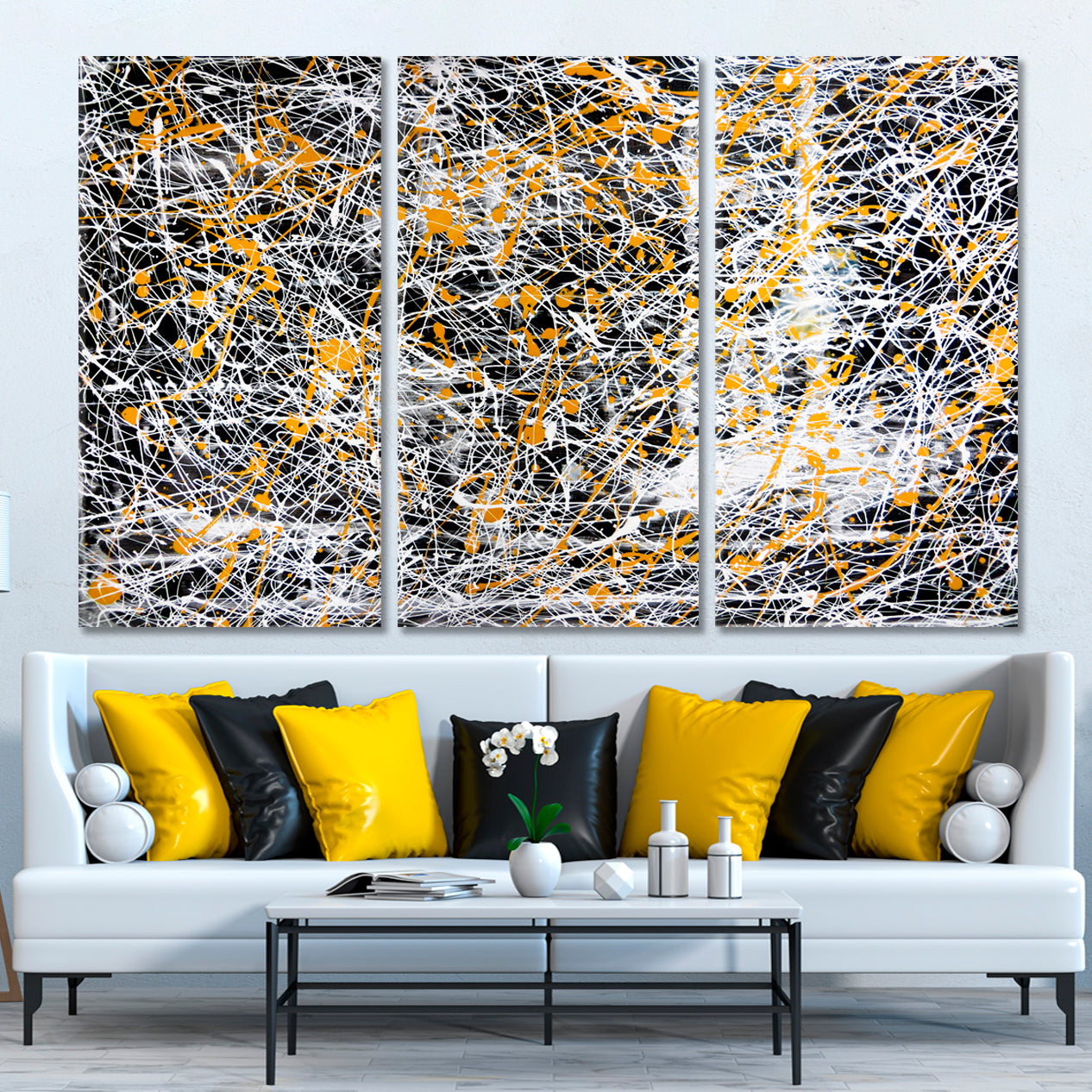 Abstract Drip White Black Yellow Modern Expressionist Contemporary Art Artesty   