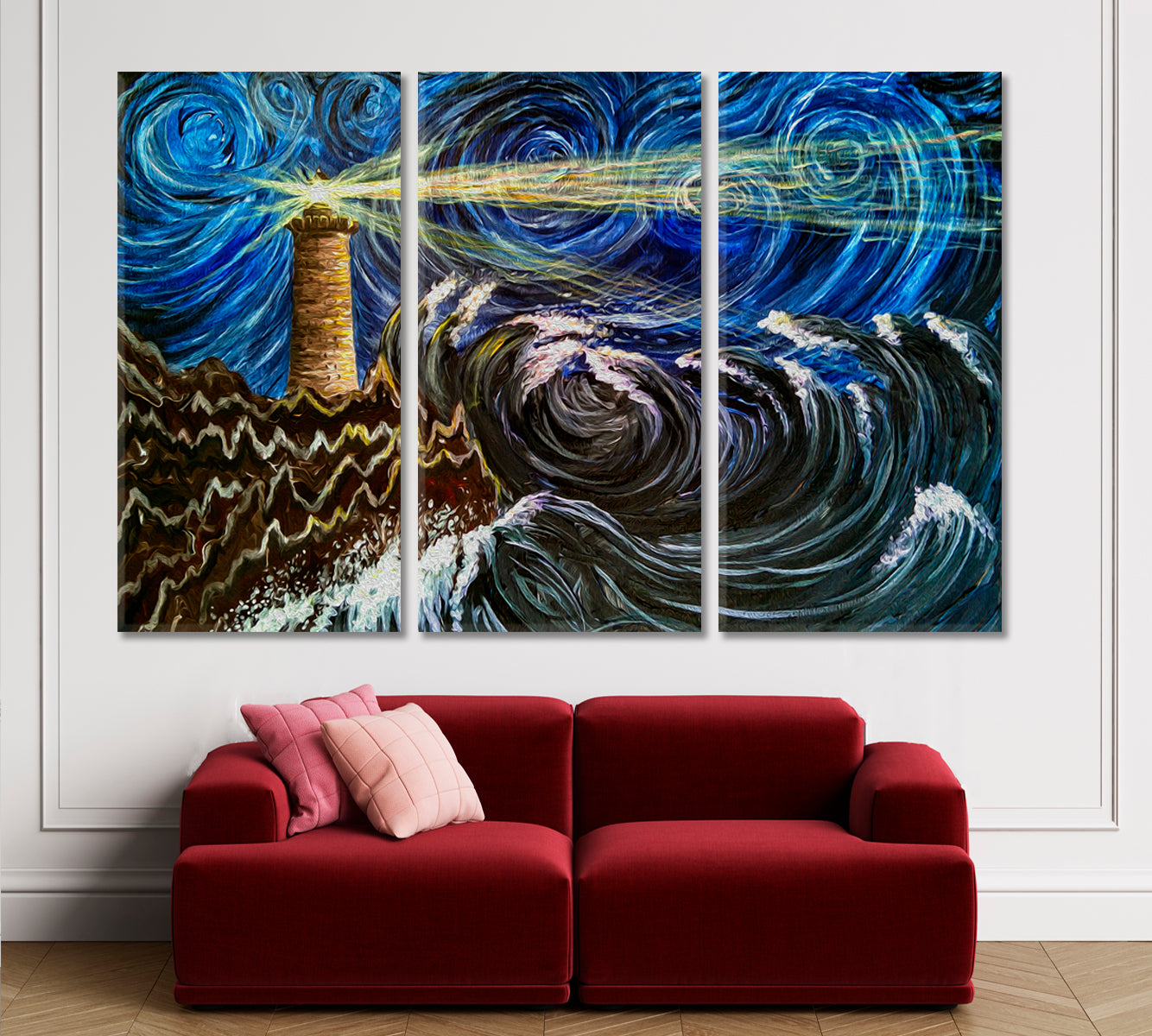Lighthouse Sea Storm Waves Clouds Impressionism Van Gogh Style Fine Art Artesty 3 panels 36" x 24" 