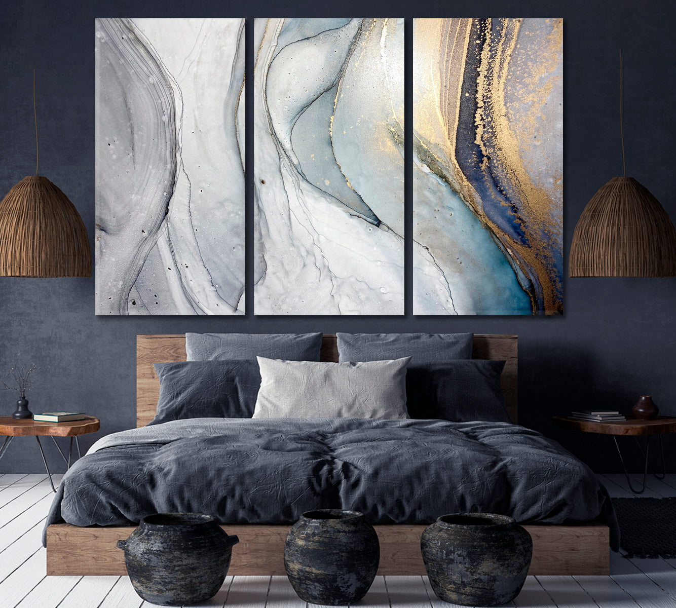 MARBLE FLOW Abstract Blue Light Grey Veins Fluid Art, Oriental Marbling Canvas Print Artesty   